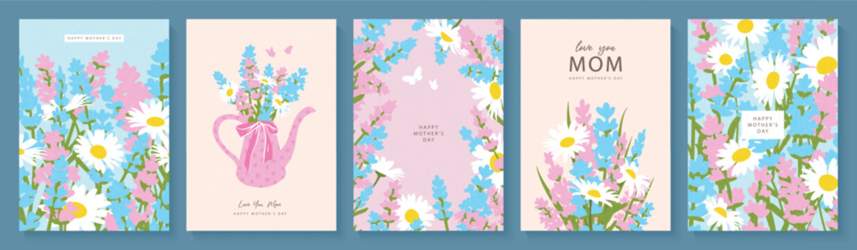Set of Mother's Day greeting card templates with spring wildflower bouquets, daisies, and lavender in a soft pastel flat style with grainy texture, vector illustration.