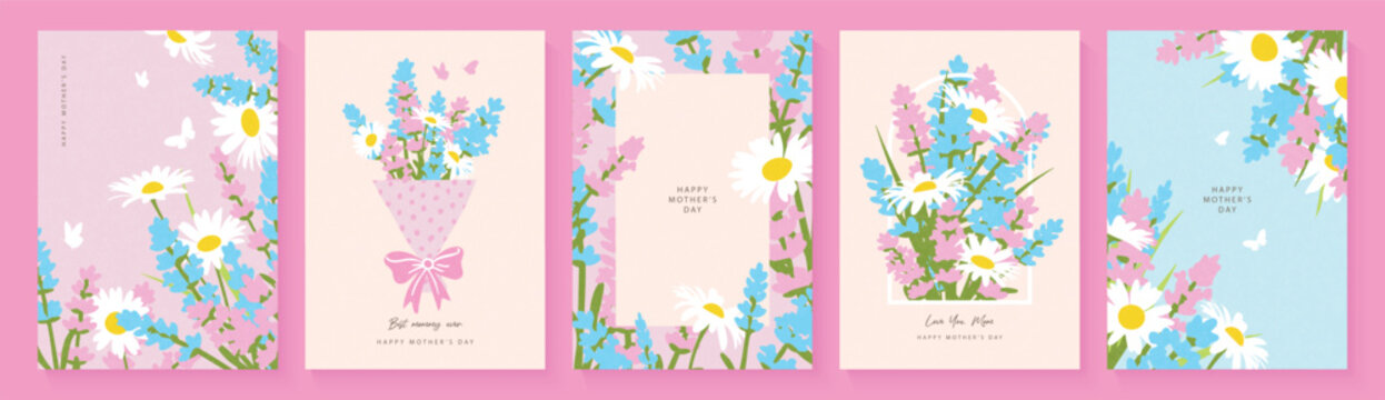 Set of Mother's Day card templates in soft pastel flat style with spring wildflowers, daisies and lavender. Collection with delicate bouquets. Elegant layouts for greetings, invitations, print