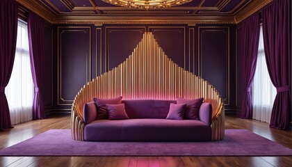 Fototapeta premium Luxurious purple velvet sofa with gold accents in an opulent room. The room features deep purple walls, gold trim, velvet curtains, and a modern gold fan-shaped backdrop.