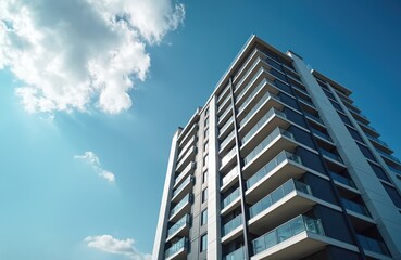 Fototapeta premium Modern high rise residential building exterior with balconies against bright blue sky and clouds. Tall apartment complex shows new urban construction and real estate.