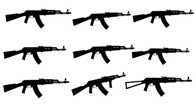 Collection of black silhouette ak 47 assault rifles against a white background