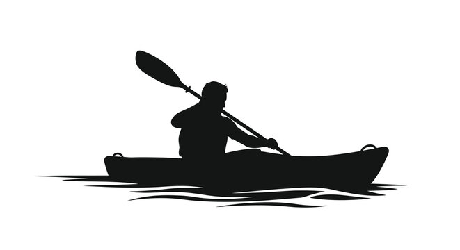Silhouette of a kayaker paddling on rippling water surface
