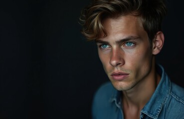 Fototapeta premium Young man with blue eyes and brown hair gazes thoughtfully, head turned slightly. He wears a denim shirt against a dark backdrop, conveying a pensive or serious mood.