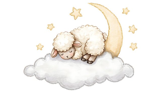 Adorable watercolor illustration of a sleeping lamb. Perfect for sweet dreams themed prints and bedtime storybooks. Fluffy white sheep isolated on a white background.
