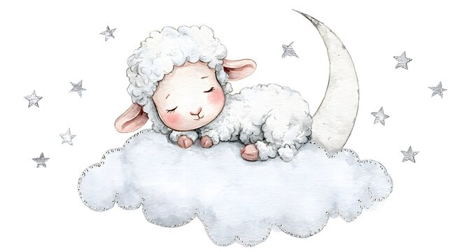 Adorable watercolor illustration of a sleeping lamb. Perfect for sweet dreams themed prints and bedtime storybooks. Fluffy white sheep isolated on a white background.