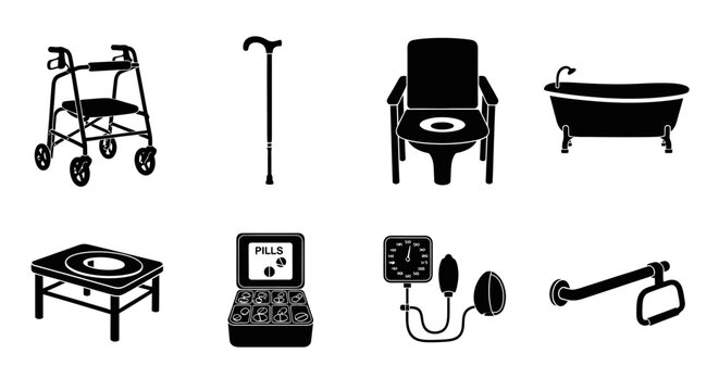 Black silhouette icons depicting assistive devices and medical equipment