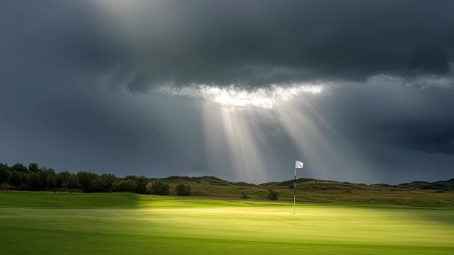 Dramatic View of Golf Course Under Dark Stormy Clouds with Rays of Sunlight Illuminating the Green and Flagpole in the Distance