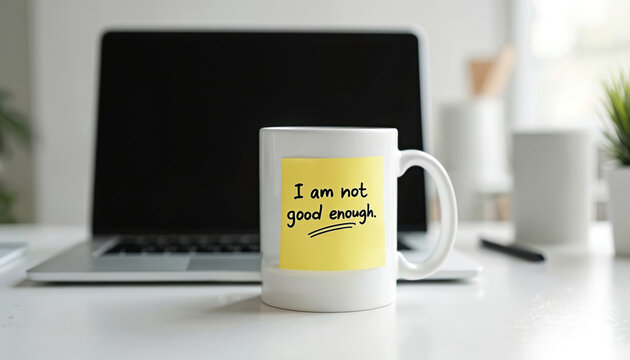 White mug with yellow sticky note says I not good enough. placed on desk near laptop. Visual represents self-doubt low self-esteem issues, common in work personal life challenges. Relate to mental