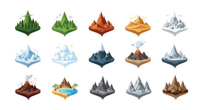 A collection of fifteen floating island icons features pointed bases and diverse terrains including active volcanic peaks, snowy mountains, and sandy beaches.