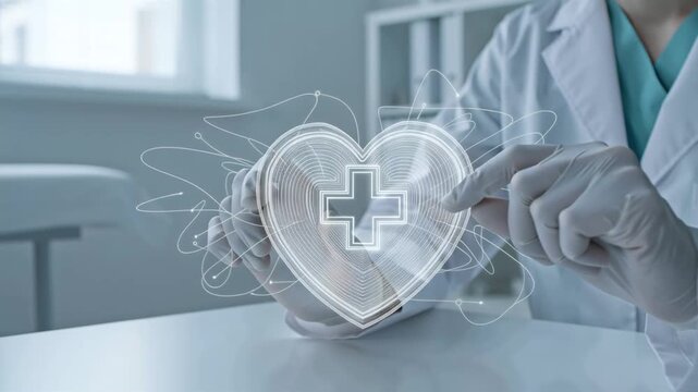 A doctor's gloved hand holds a drawn heart with a cross
