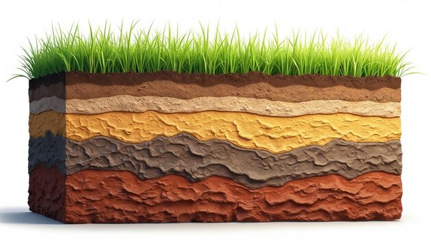 Detailed soil cross section shows green grass on top. Layers of earth like topsoil subsoil and sediment are visible below ground. Natural terrain structure formation composition illustration.
