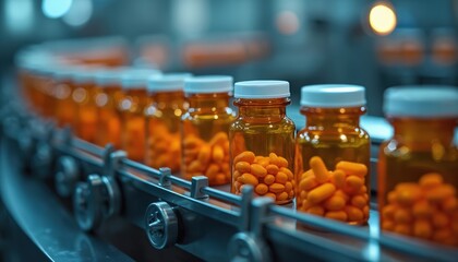 Obraz premium Orange pill bottles move on a conveyor belt in a factory. Automated production line fills amber vials with capsules for medicine. Healthcare manufacturing process for drugs.
