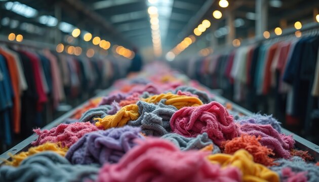 Textile waste processing at recycling plant. Colorful fabric scraps sorted on conveyor belt. Clothes hanging on racks in background. Sustainable fashion industry workflow.
