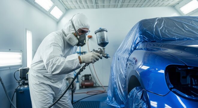 Auto painter in protective suit spraying car in paint booth with compressed air