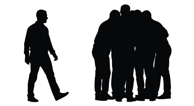 Isolated man walking away from a group of people standing together in this vector graphic illustration
