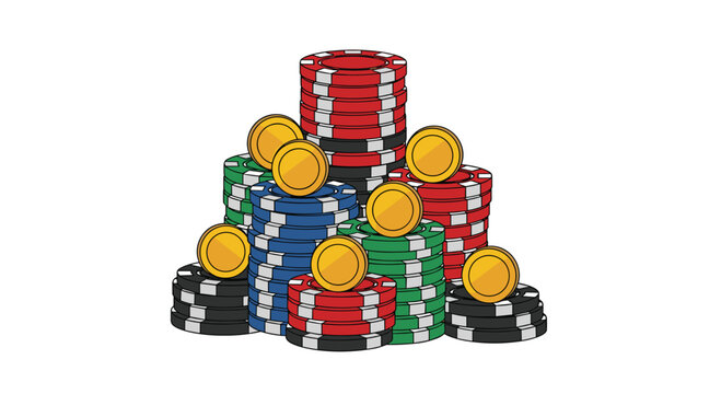 A massive pile of multicolored poker chips in red, blue, green, and black is topped with several shiny gold coins against a clean white background.