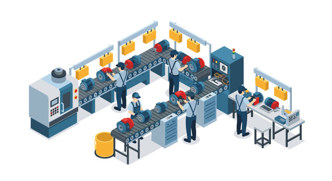 Meticulous isometric illustration of a modern industrial factory floor featuring workers operating an automated assembly line for blue electric motors.