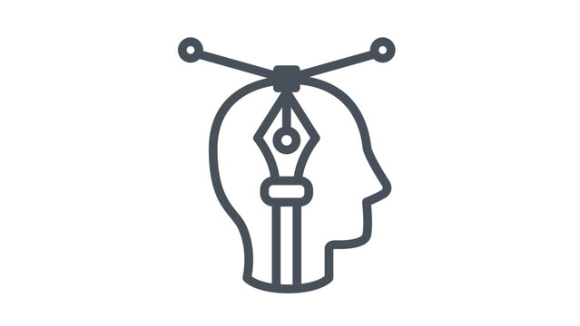 Graphic design and creativity vector icon illustration featuring a human head profile silhouette with a pen tool nib and bezier curve handles, symbolizing digital art, design process, and imagination.