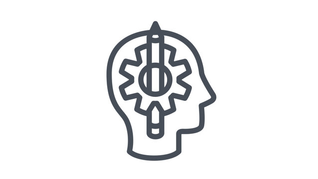Creative thinking and engineering design vector icon illustration featuring a human head profile with a gear and pencil inside, symbolizing brainstorming, problem solving, and mental process.