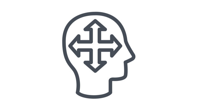 Minimalist black vector icon illustration of a human head silhouette profile with a four-way arrow symbol inside, representing decision making, mental flexibility, direction, and cognitive thought.