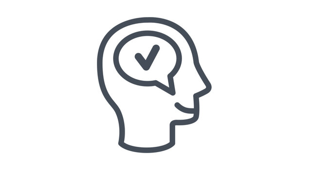 Minimalist vector icon illustration of a human head profile with a speech bubble and checkmark, representing positive thinking, mental health, decision making, approval, and mindset concept.