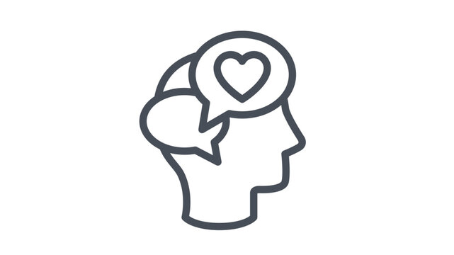 Vector icon illustration of a human head profile with speech bubbles and a heart symbol, representing positive thoughts, love, empathy, emotional intelligence, and mental health awareness.