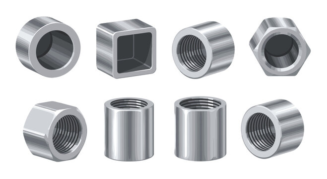 A diverse set of polished steel pipe fittings and industrial hardware components is displayed with realistic metallic reflections on a white background.