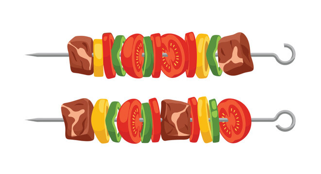 Two delicious horizontal skewers packed with succulent grilled beef chunks and vibrant slices of fresh red tomatoes and green peppers on white space.