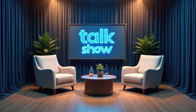 Modern minimalist studio setting with two armchairs and a round table, a large screen shows TALK SHOW text. Blue curtains form the backdrop, with plants adding a natural touch.