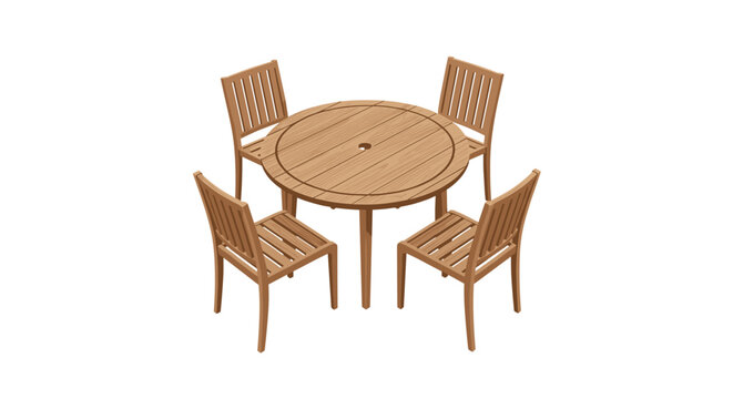 Pristine circular wooden garden table set featuring four matching slatted chairs arranged symmetrically in an isometric perspective against a stark white background.