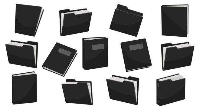 A comprehensive collection of sleek black office folders and binders is displayed in various orientations against a clean white background with soft shadows.