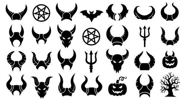 Devil horn silhouette icon set demon Halloween vector symbols