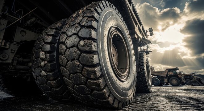 Extreme low angle close-up of massive muddy tires on a giant mining dump truck. Heavy duty industrial machinery in an open pit quarry under a dramatic sunlit sky, conveying raw power