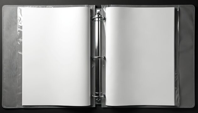 Open binder with blank white pages in protective plastic sleeves. Gray binder sits on a flat black surface. Useful for notes, photos, documents, or artwork.