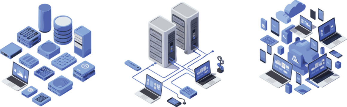 Set of Isometric Data Center, Server Network, and Cloud Computing Illustrations for Technology, IT Infrastructure, and Digital Systems Design Themes