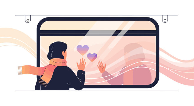 Woman waving goodbye to reflection with hearts on train window, long distance relationship concept
