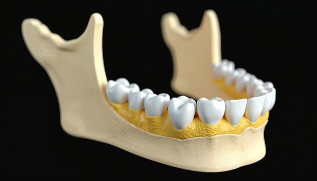 Human lower jawbone with healthy white teeth and yellow gums. Dental anatomy illustration showing structure of mouth and oral cavity. Scientific medical 3d render.