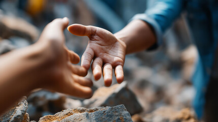 Hand reaching out toward a child in a disaster scene among rubble symbolizing rescue hope and humanitarian aid. Defocused rubble background. Rescue hand, disaster concept,