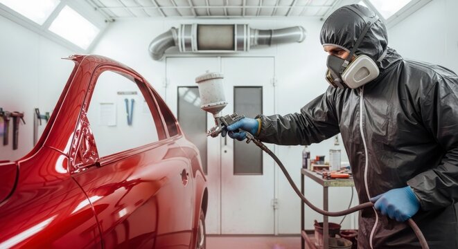 Professional auto body shop technician painting red car in modern spray booth	