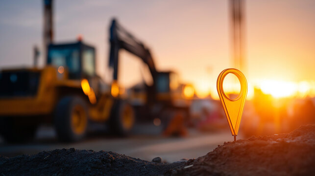 Location pin marker placed on an active construction site with heavy machinery and dramatic sunset lighting. Defocused site background. Location marker, construction site, heavy