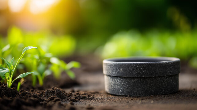 Close-up of a turf builder or fertilizer soil sampling container on a clean surface for an agricultural concept. Defocused background. Soil sampling container, fertilizer concept,