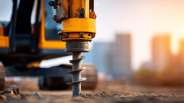 Drilling machine with a large auger bit excavating dirt and rocks from the ground during pile drilling for geotechnical soil sampling and foundation assessment. Defocused
