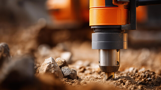 Drilling machine with a large auger bit excavating dirt and rocks from the ground during pile drilling for geotechnical soil sampling and foundation assessment. Defocused