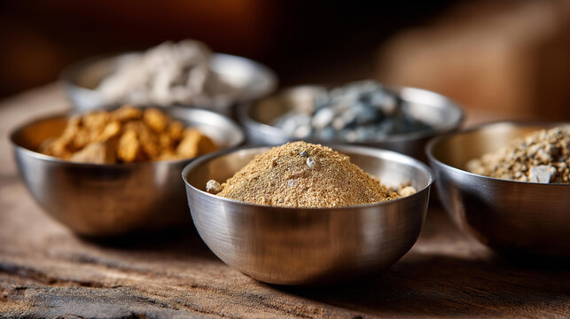 Soil test bowls containing earth samples of varying textures and colors for geotechnical analysis. Defocused background. Soil test bowls, sample analysis, earth texture,