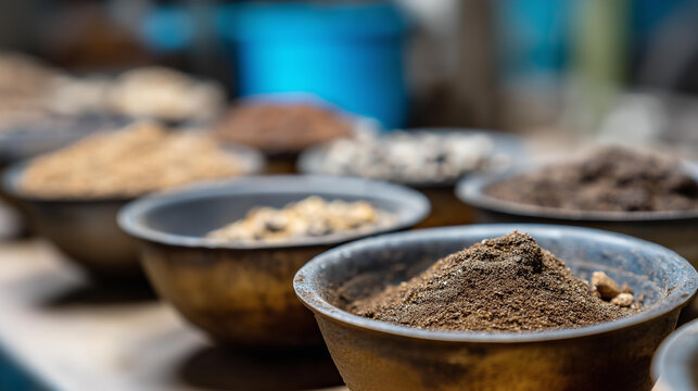 Soil test bowls containing earth samples of varying textures and colors for geotechnical analysis. Defocused background. Soil test bowls, sample analysis, earth texture,