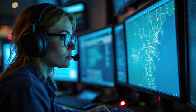 Woman wears headset in dim room, focused on computer screens showing maps and data. Operator works in a digital control center managing critical information for emergency response.