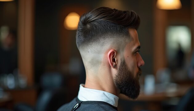 Man shows off neat fade haircut and beard style at barber shop. Skilled stylist trimmed hair with sharp detail. Pro grooming creates modern sharp look.