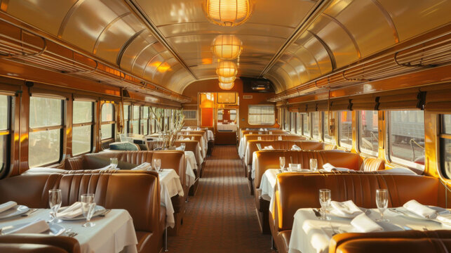Luxurious vintage train dining car interior with wooden booths and tables set for fine dining