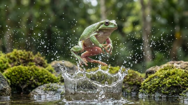 Frog jumping splash frozen mid-air, high speed photography, sharp detail