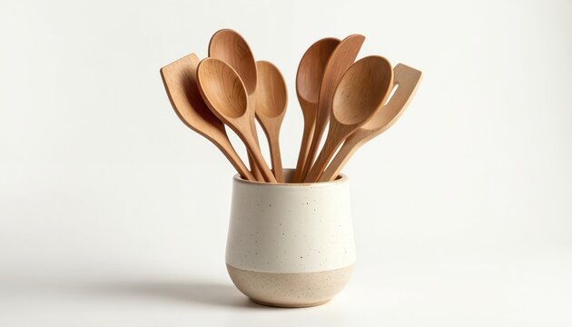 Wooden kitchen tools set in ceramic holder. Spatulas and spoons stand together on white background. Essential cookery equipment for food preparation.